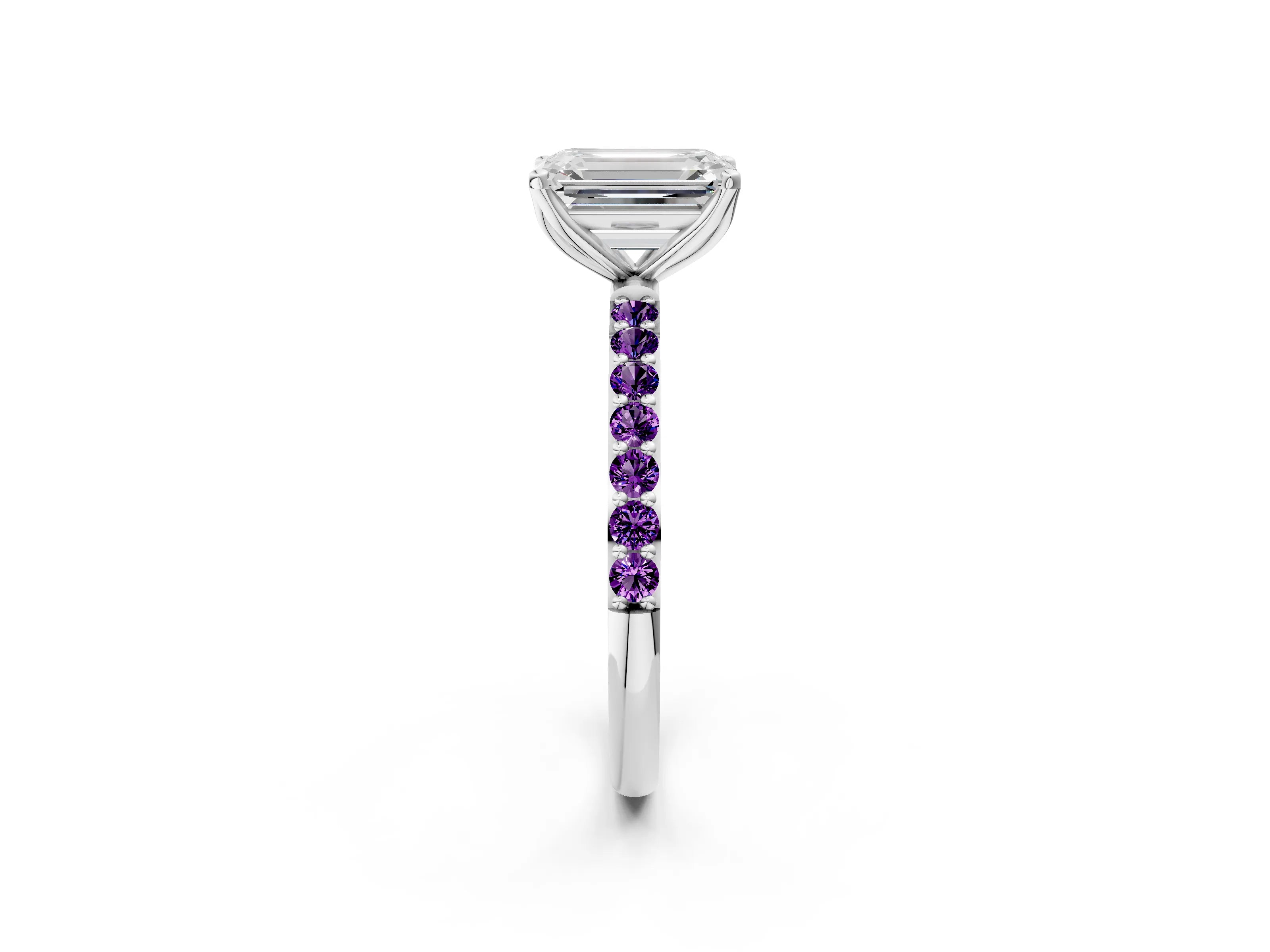 White gold Emerald Cut Diamond Solitaire Engagement Ring with Round with Amethyst side stone Pavé Band and Prong Setting_14