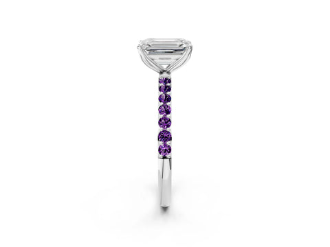 White gold Emerald Cut Diamond Solitaire Engagement Ring with Round with Amethyst side stone Pavé Band and Prong Setting_14