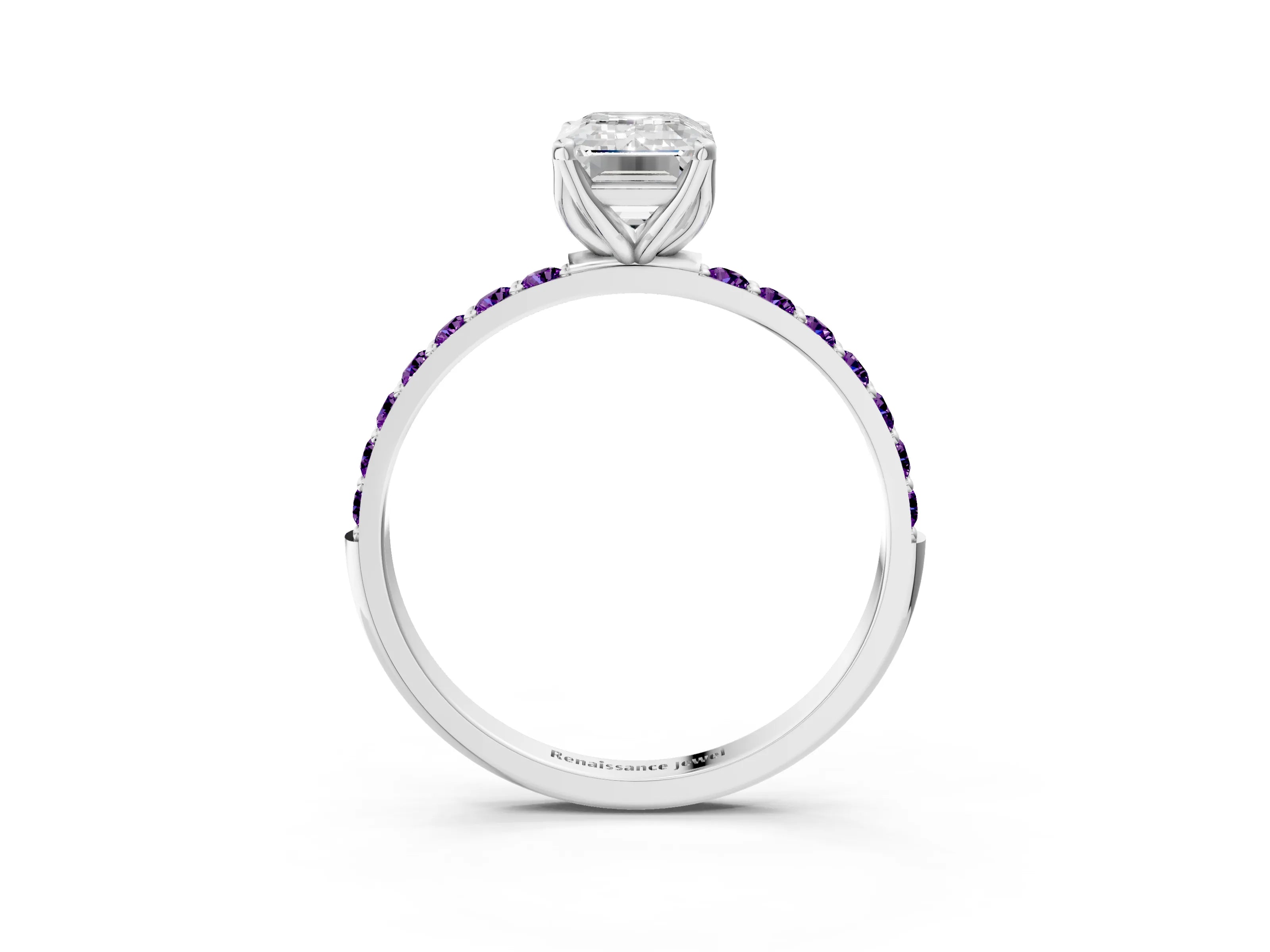 White gold Emerald Cut Diamond Solitaire Engagement Ring with Round with Amethyst side stone Pavé Band and Prong Setting_15