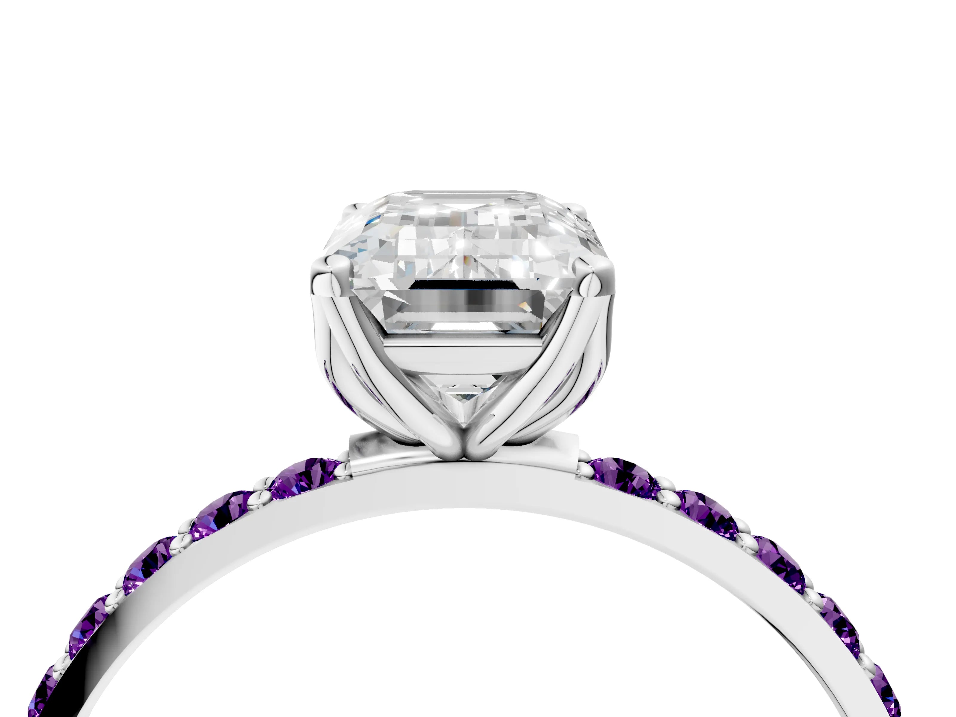 White gold Emerald Cut Diamond Solitaire Engagement Ring with Round with Amethyst side stone Pavé Band and Prong Setting_16