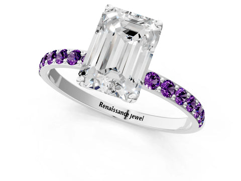 White gold Emerald Cut Diamond Solitaire Engagement Ring with Round with Amethyst side stone Pavé Band and Prong Setting_25