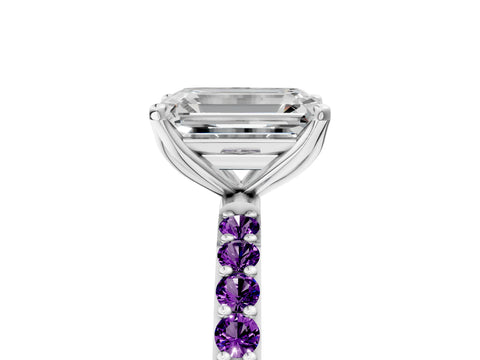 White gold Emerald Cut Diamond Solitaire Engagement Ring with Round with Amethyst side stone Pavé Band and Prong Setting_29