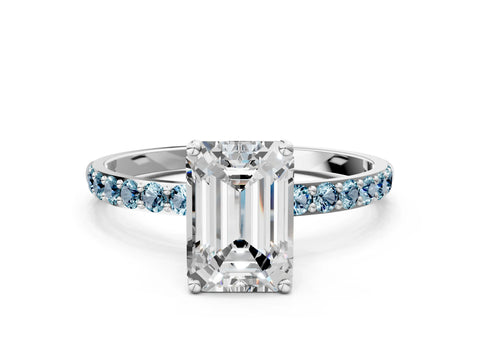 White gold Emerald Cut Diamond Solitaire Engagement Ring with Round with Aquamarine side stone Pavé Band and Prong Setting_12