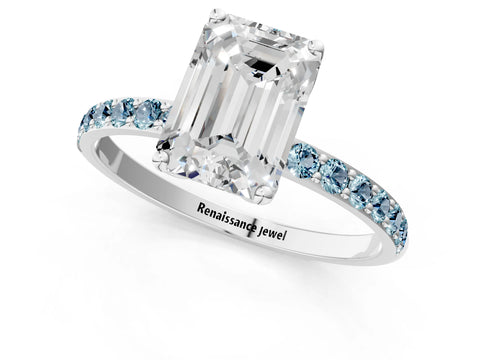 White gold Emerald Cut Diamond Solitaire Engagement Ring with Round with Aquamarine side stone Pavé Band and Prong Setting_13
