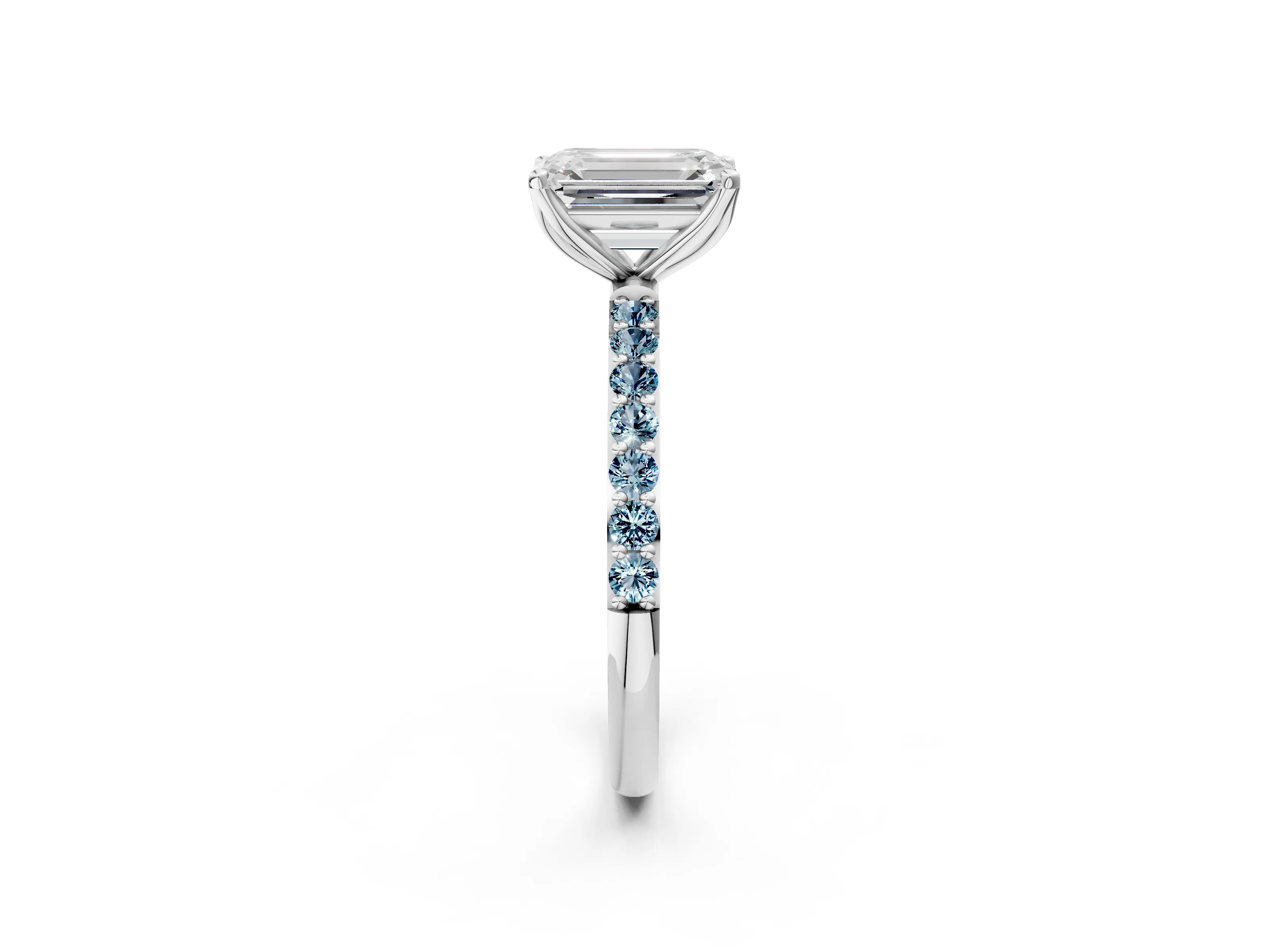 White gold Emerald Cut Diamond Solitaire Engagement Ring with Round with Aquamarine side stone Pavé Band and Prong Setting_14