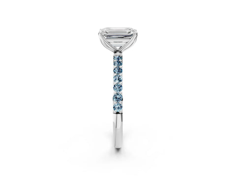White gold Emerald Cut Diamond Solitaire Engagement Ring with Round with Aquamarine side stone Pavé Band and Prong Setting_14