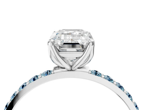 White gold Emerald Cut Diamond Solitaire Engagement Ring with Round with Aquamarine side stone Pavé Band and Prong Setting_16