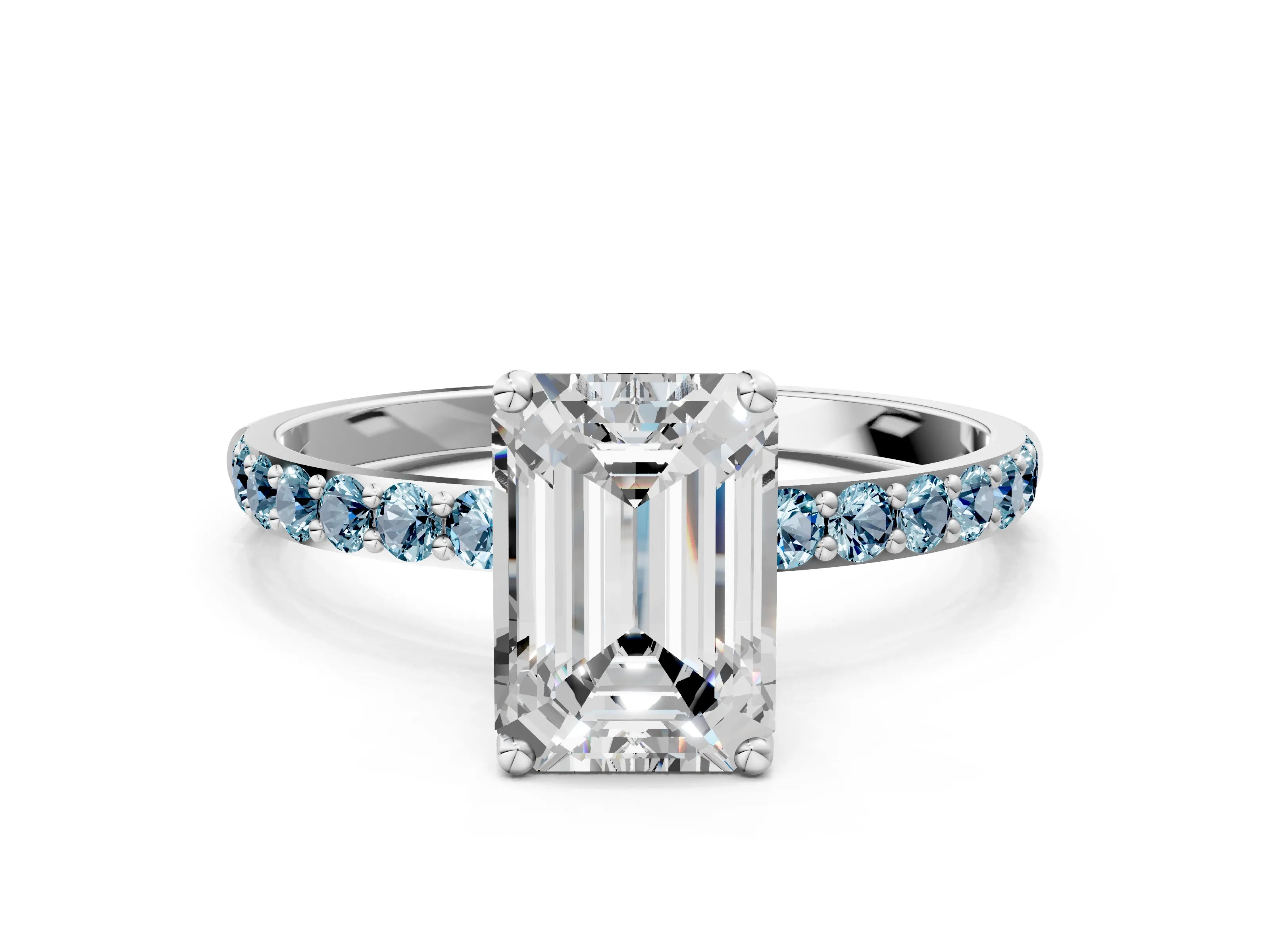 White gold Emerald Cut Diamond Solitaire Engagement Ring with Round with Aquamarine side stone Pavé Band and Prong Setting_24