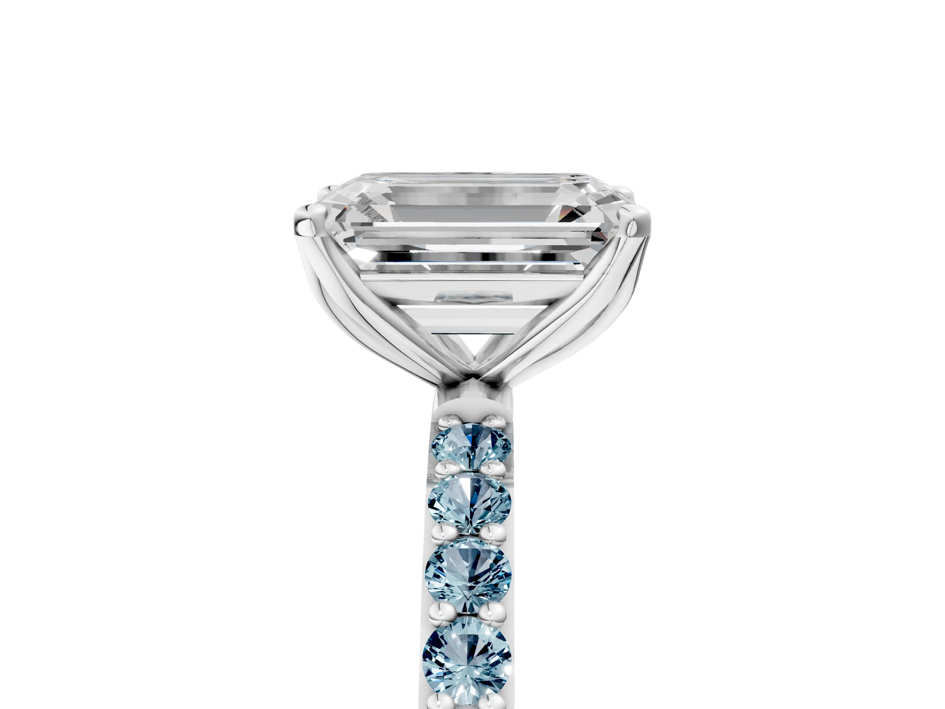 White gold Emerald Cut Diamond Solitaire Engagement Ring with Round with Aquamarine side stone Pavé Band and Prong Setting_29