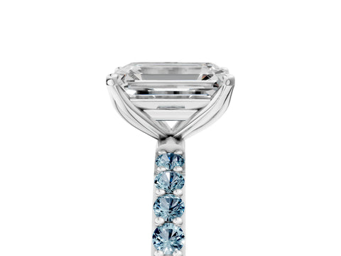 White gold Emerald Cut Diamond Solitaire Engagement Ring with Round with Aquamarine side stone Pavé Band and Prong Setting_29