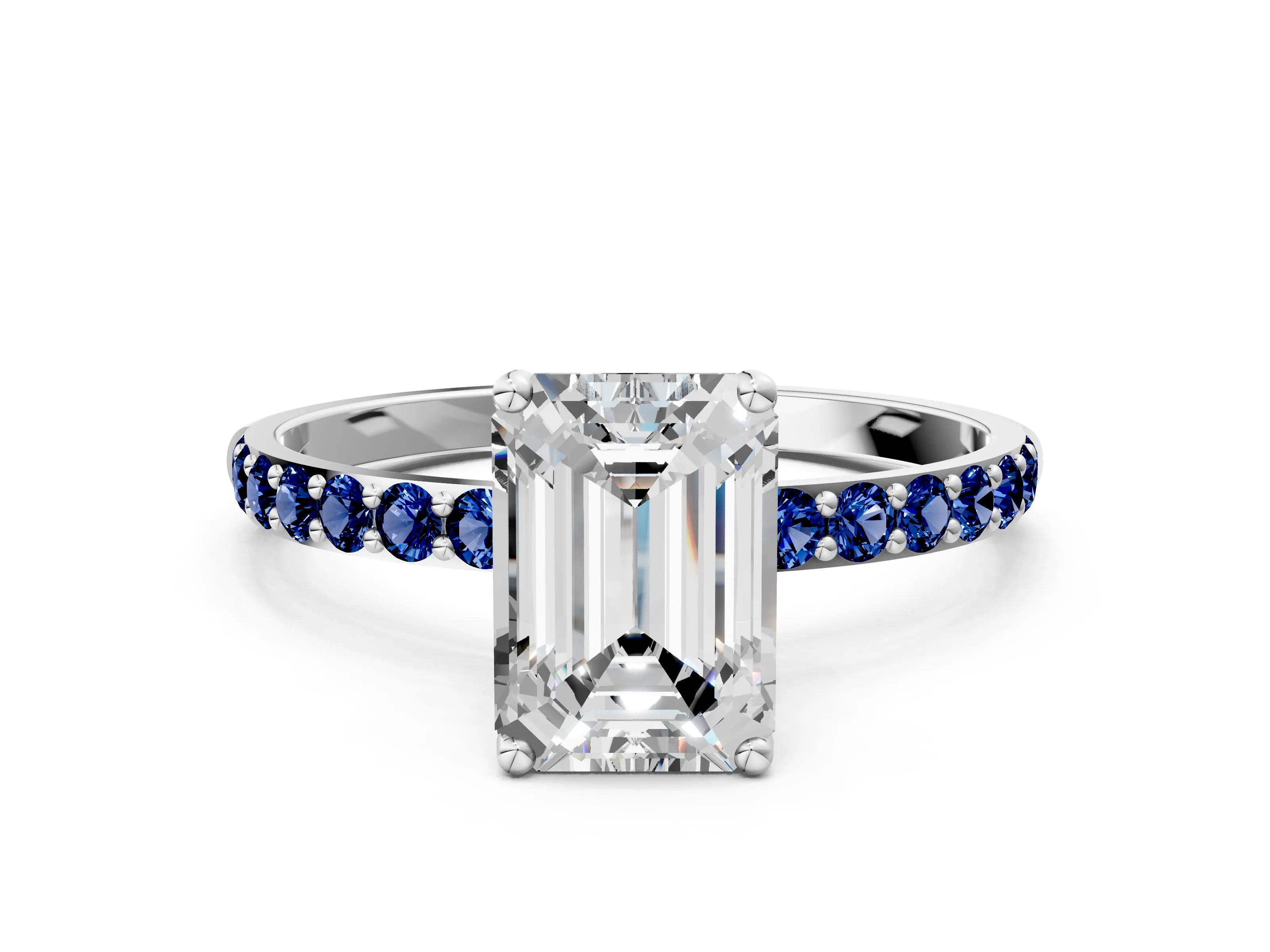White gold Emerald Cut Diamond Solitaire Engagement Ring with Round with Blue Sapphire side stone Pavé Band and Prong Setting_12