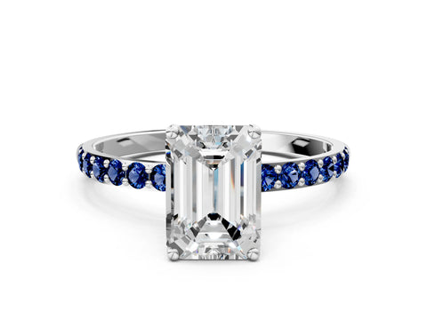 White gold Emerald Cut Diamond Solitaire Engagement Ring with Round with Blue Sapphire side stone Pavé Band and Prong Setting_12