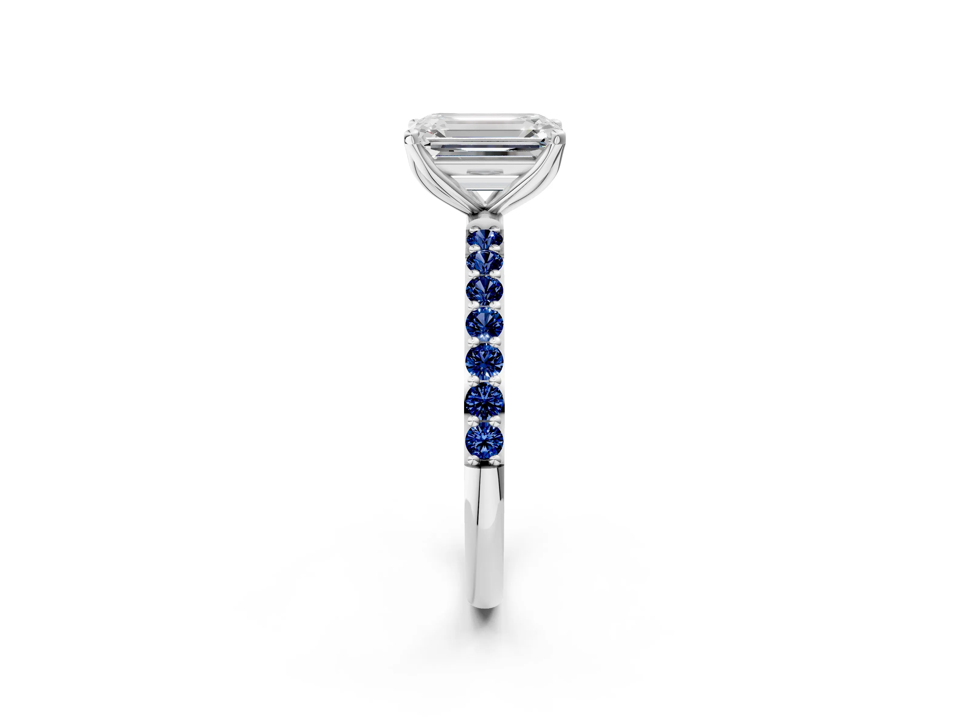 White gold Emerald Cut Diamond Solitaire Engagement Ring with Round with Blue Sapphire side stone Pavé Band and Prong Setting_14