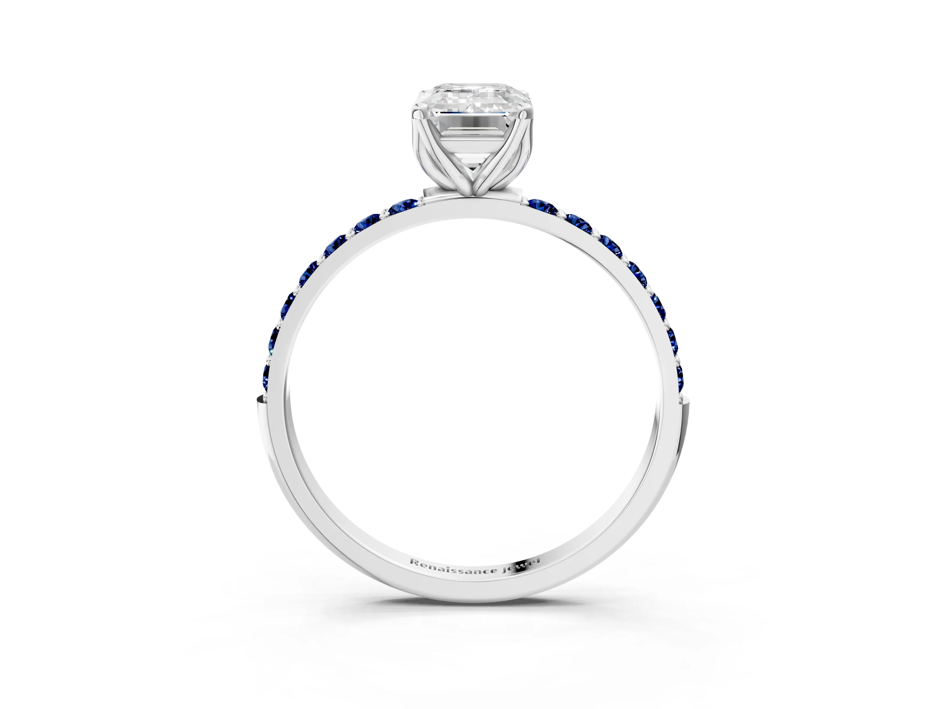 White gold Emerald Cut Diamond Solitaire Engagement Ring with Round with Blue Sapphire side stone Pavé Band and Prong Setting_15