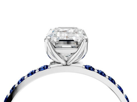 White gold Emerald Cut Diamond Solitaire Engagement Ring with Round with Blue Sapphire side stone Pavé Band and Prong Setting_16