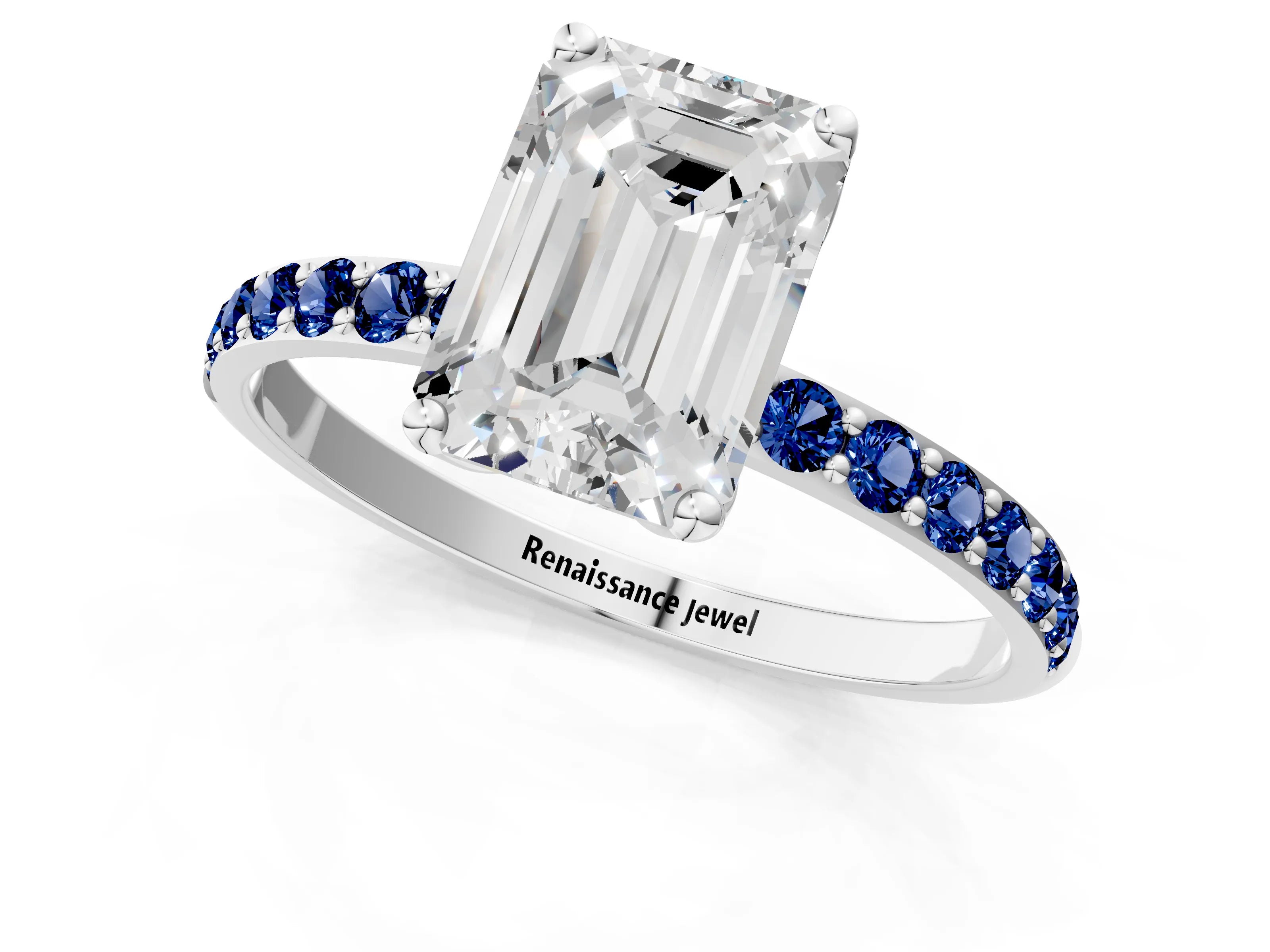 White gold Emerald Cut Diamond Solitaire Engagement Ring with Round with Blue Sapphire side stone Pavé Band and Prong Setting_25