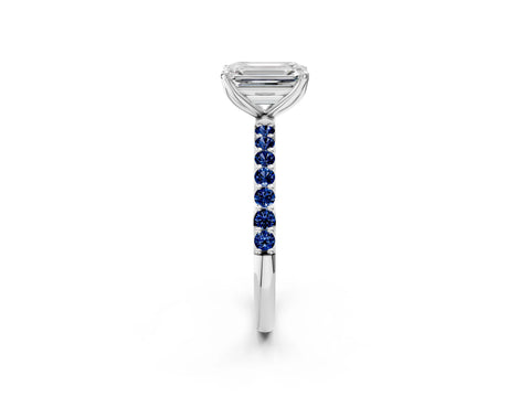 White gold Emerald Cut Diamond Solitaire Engagement Ring with Round with Blue Sapphire side stone Pavé Band and Prong Setting_26