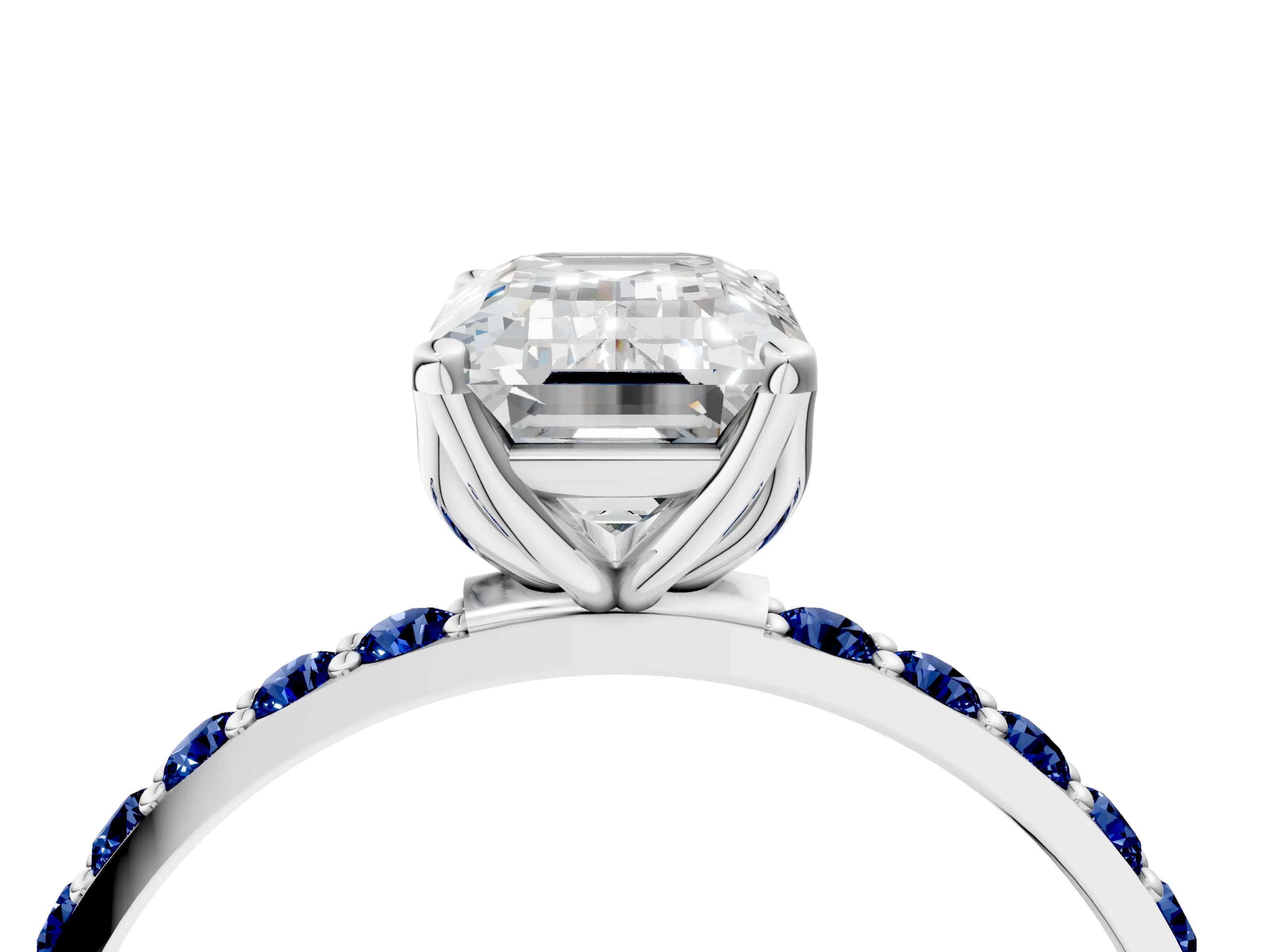 White gold Emerald Cut Diamond Solitaire Engagement Ring with Round with Blue Sapphire side stone Pavé Band and Prong Setting_28