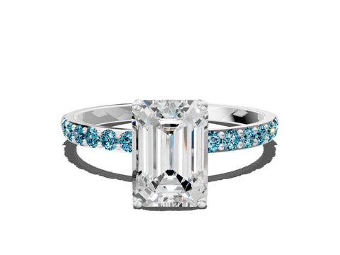 White gold Emerald Cut Diamond Solitaire Engagement Ring with Round with Blue Topaz side stone Pavé Band and Prong Setting_12