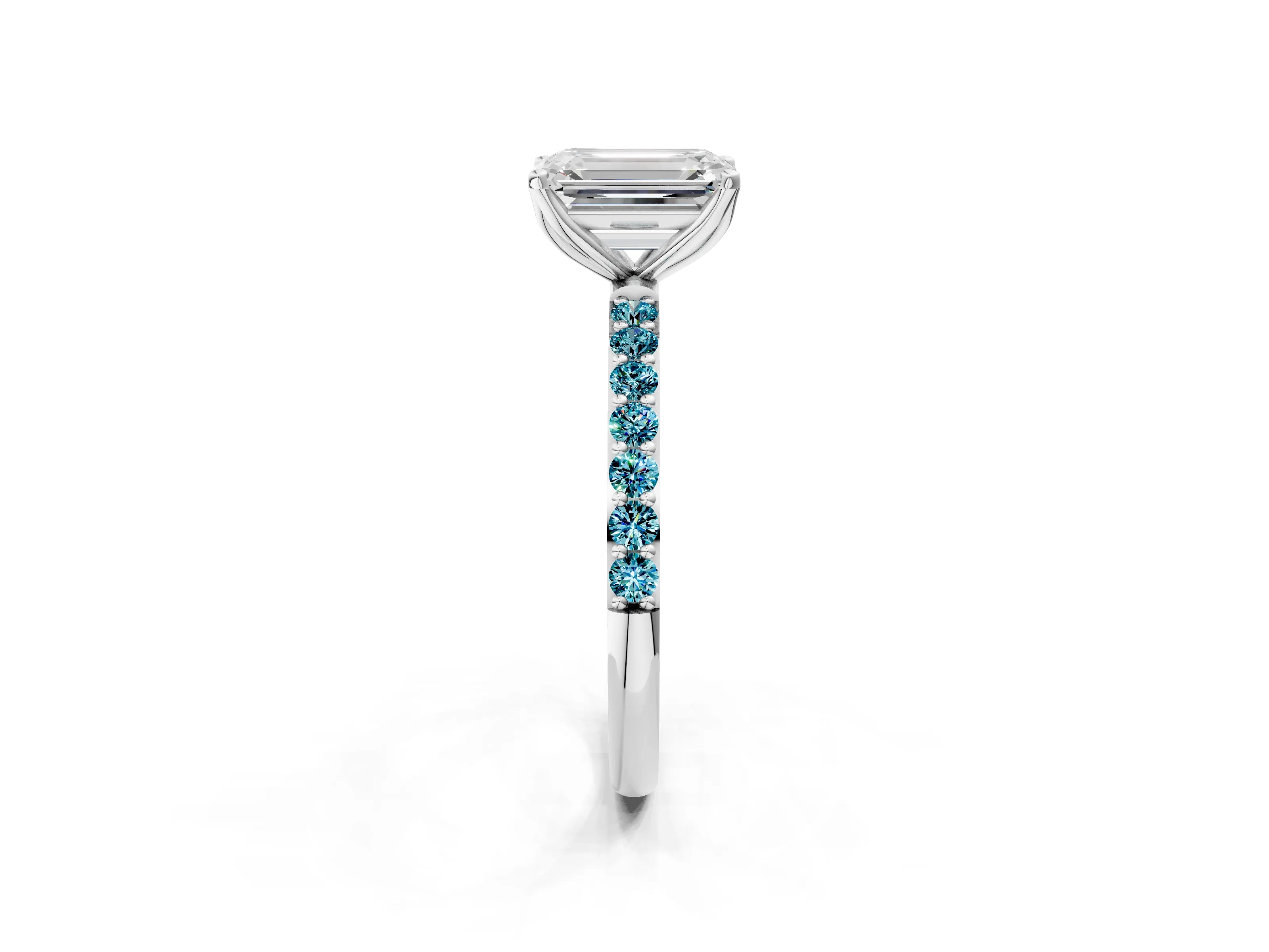 White gold Emerald Cut Diamond Solitaire Engagement Ring with Round with Blue Topaz side stone Pavé Band and Prong Setting_14