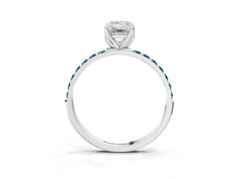 White gold Emerald Cut Diamond Solitaire Engagement Ring with Round with Blue Topaz side stone Pavé Band and Prong Setting_15