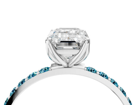 White gold Emerald Cut Diamond Solitaire Engagement Ring with Round with Blue Topaz side stone Pavé Band and Prong Setting_16