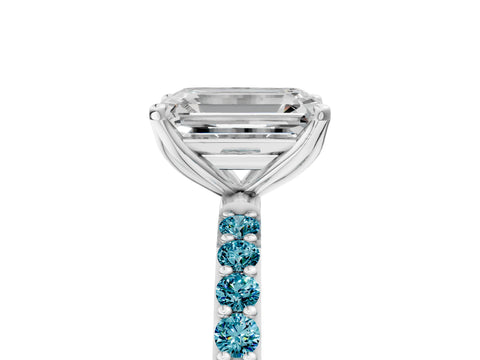 White gold Emerald Cut Diamond Solitaire Engagement Ring with Round with Blue Topaz side stone Pavé Band and Prong Setting_17