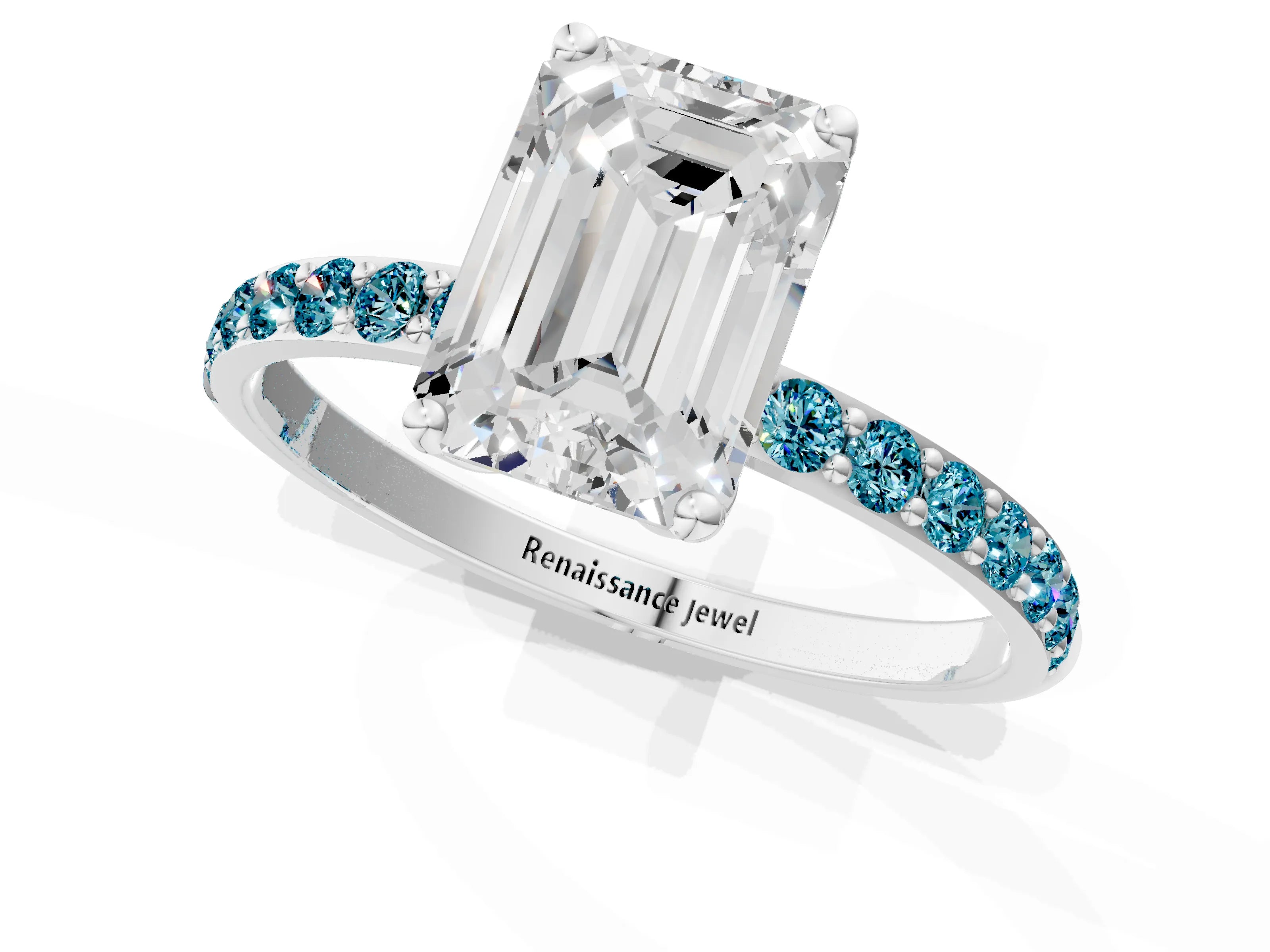 White gold Emerald Cut Diamond Solitaire Engagement Ring with Round with Blue Topaz side stone Pavé Band and Prong Setting_25