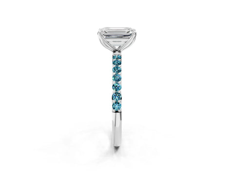 White gold Emerald Cut Diamond Solitaire Engagement Ring with Round with Blue Topaz side stone Pavé Band and Prong Setting_26