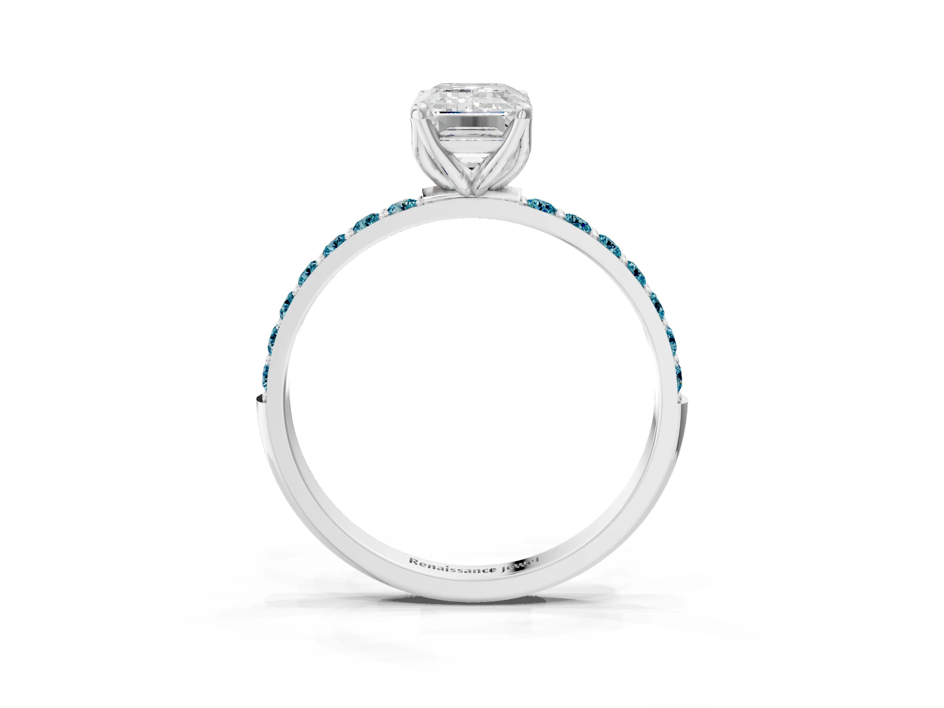 White gold Emerald Cut Diamond Solitaire Engagement Ring with Round with Blue Topaz side stone Pavé Band and Prong Setting_27