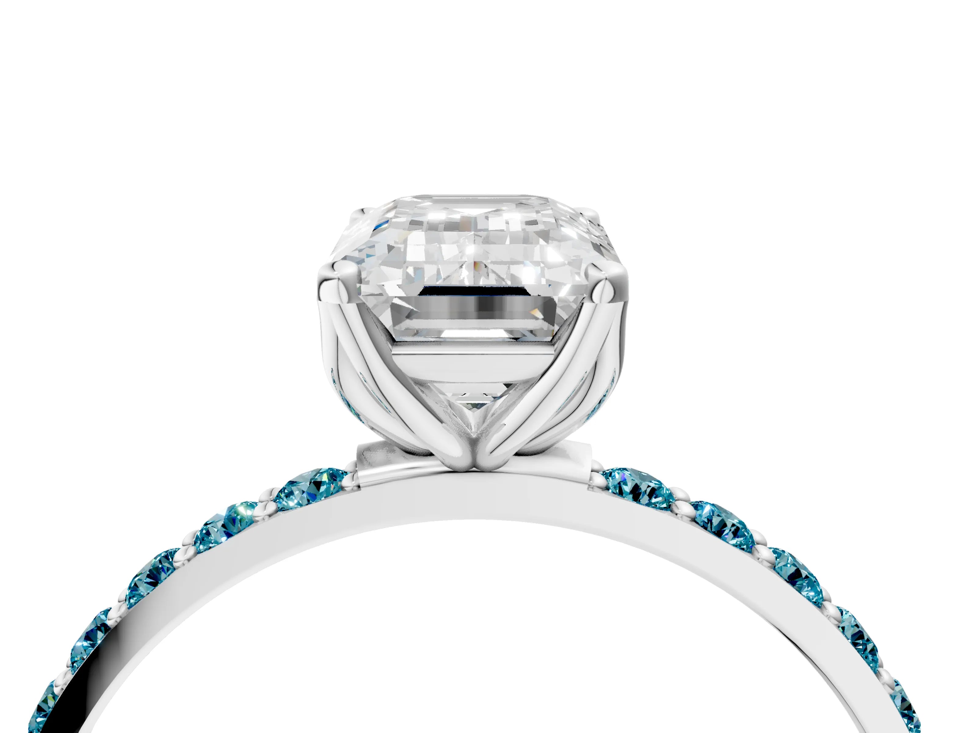 White gold Emerald Cut Diamond Solitaire Engagement Ring with Round with Blue Topaz side stone Pavé Band and Prong Setting_28