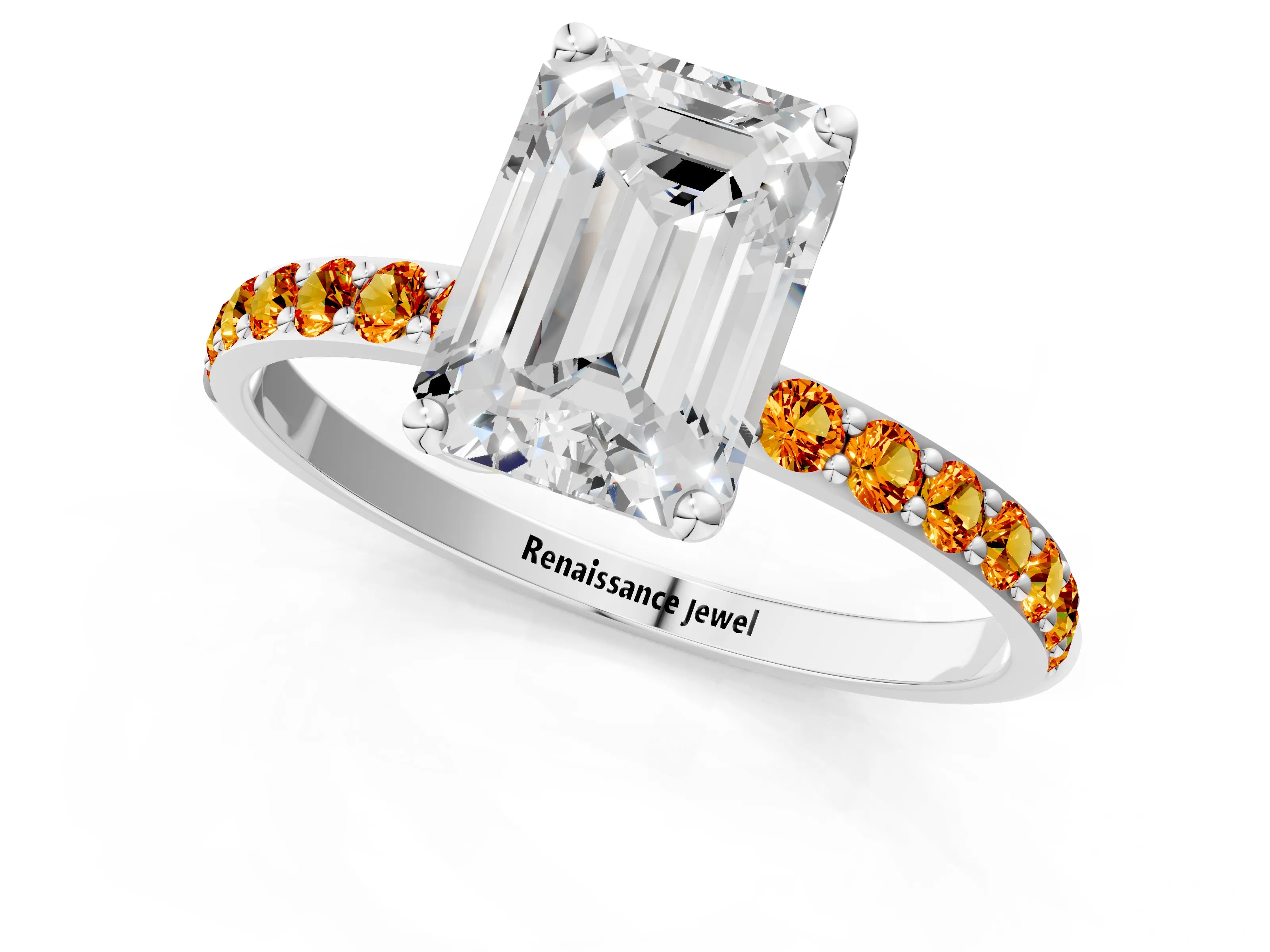 White gold Emerald Cut Diamond Solitaire Engagement Ring with Round with Citrine side stone Pavé Band and Prong Setting_1