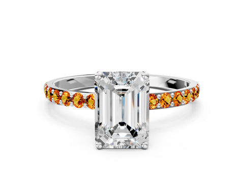 White gold Emerald Cut Diamond Solitaire Engagement Ring with Round with Citrine side stone Pavé Band and Prong Setting_12