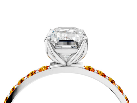 White gold Emerald Cut Diamond Solitaire Engagement Ring with Round with Citrine side stone Pavé Band and Prong Setting_16