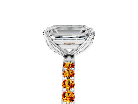 White gold Emerald Cut Diamond Solitaire Engagement Ring with Round with Citrine side stone Pavé Band and Prong Setting_17