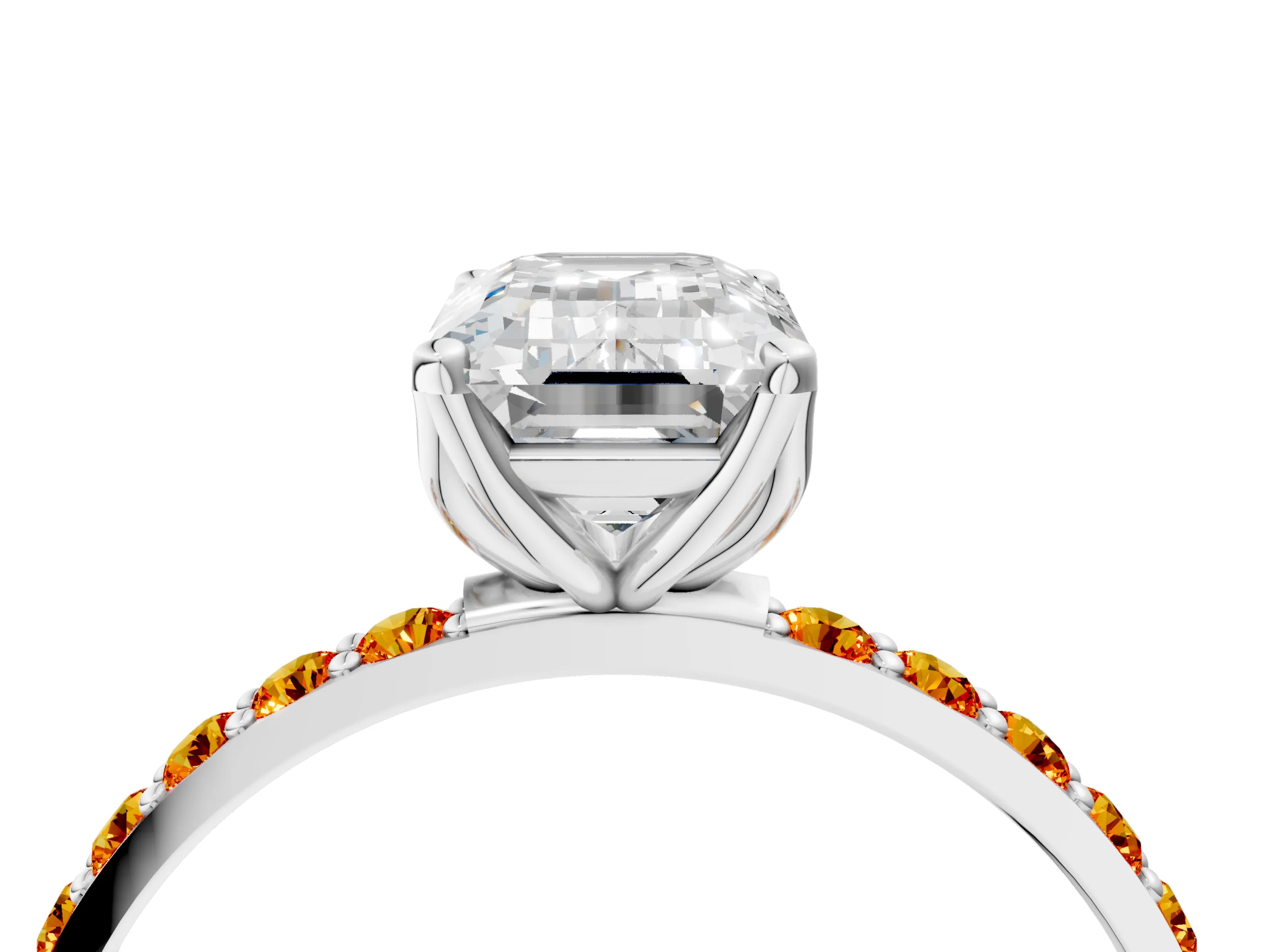 White gold Emerald Cut Diamond Solitaire Engagement Ring with Round with Citrine side stone Pavé Band and Prong Setting_4