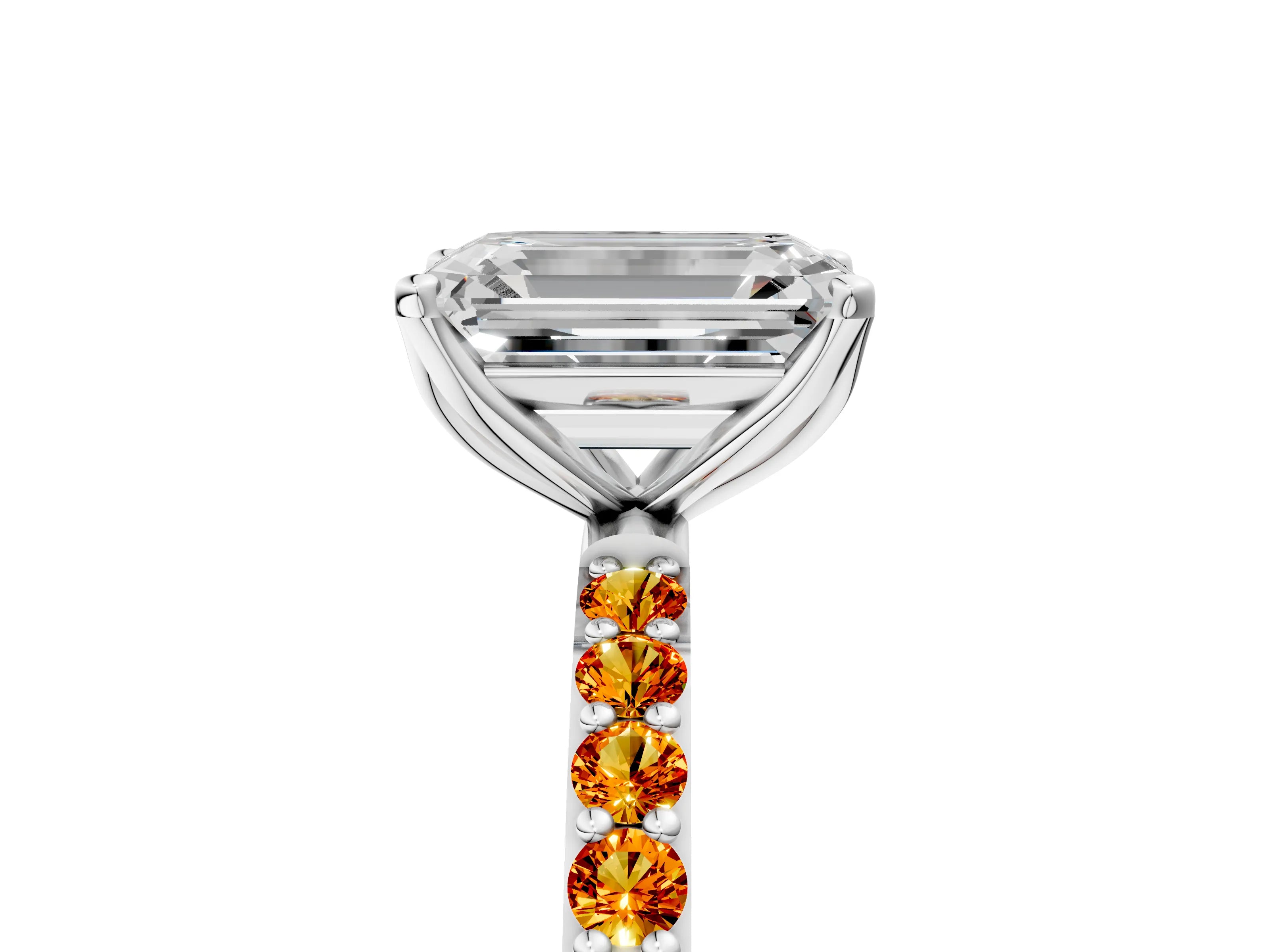 White gold Emerald Cut Diamond Solitaire Engagement Ring with Round with Citrine side stone Pavé Band and Prong Setting_5
