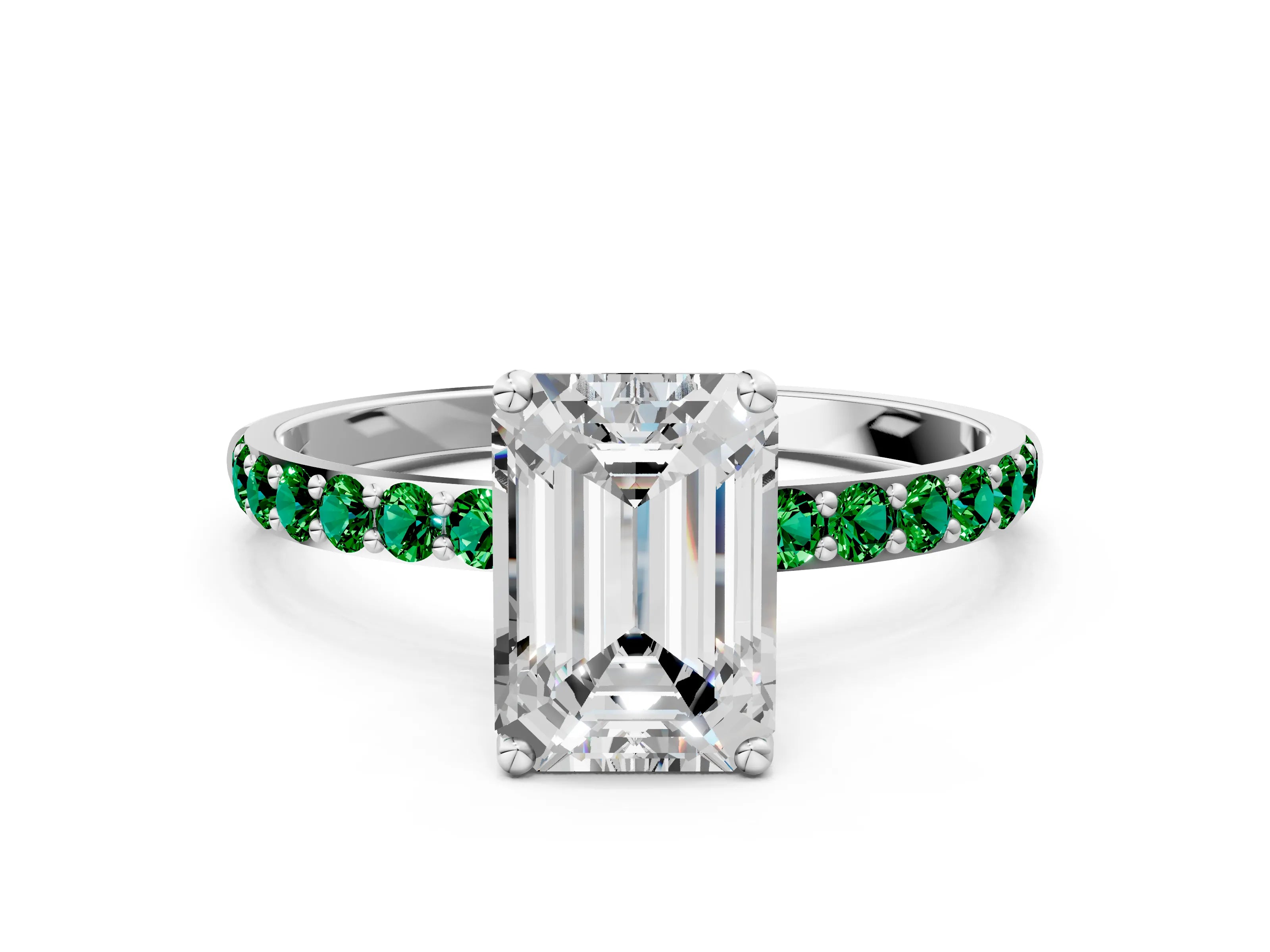 White gold Emerald Cut Diamond Solitaire Engagement Ring with Round with Emerald side stone Pavé Band and Prong Setting_12
