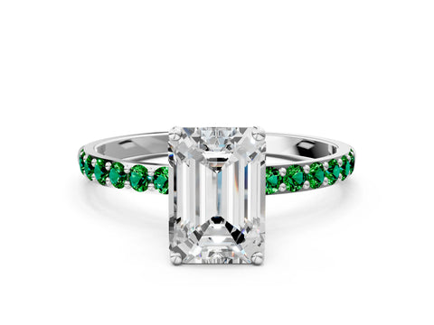 White gold Emerald Cut Diamond Solitaire Engagement Ring with Round with Emerald side stone Pavé Band and Prong Setting_12