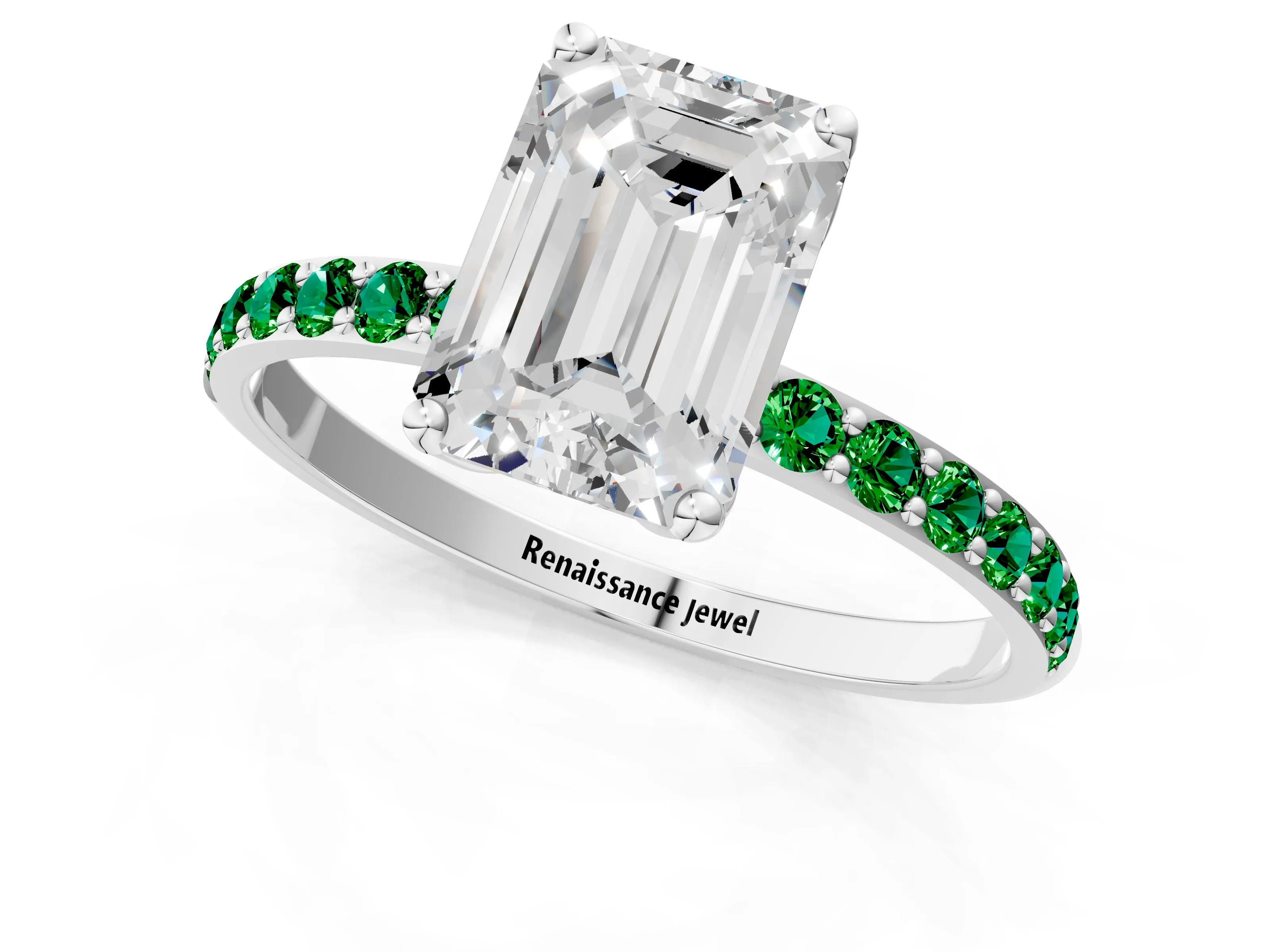White gold Emerald Cut Diamond Solitaire Engagement Ring with Round with Emerald side stone Pavé Band and Prong Setting_13
