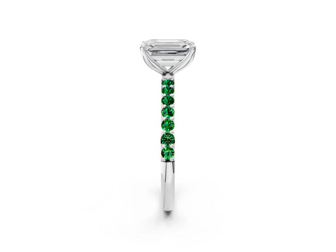 White gold Emerald Cut Diamond Solitaire Engagement Ring with Round with Emerald side stone Pavé Band and Prong Setting_14