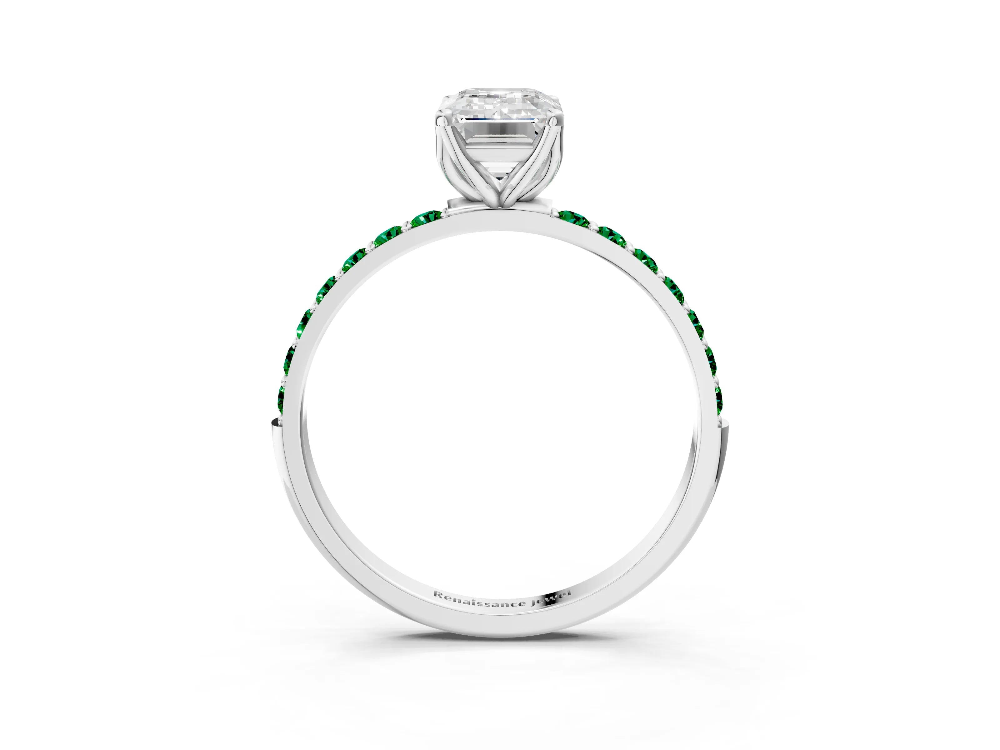 White gold Emerald Cut Diamond Solitaire Engagement Ring with Round with Emerald side stone Pavé Band and Prong Setting_15