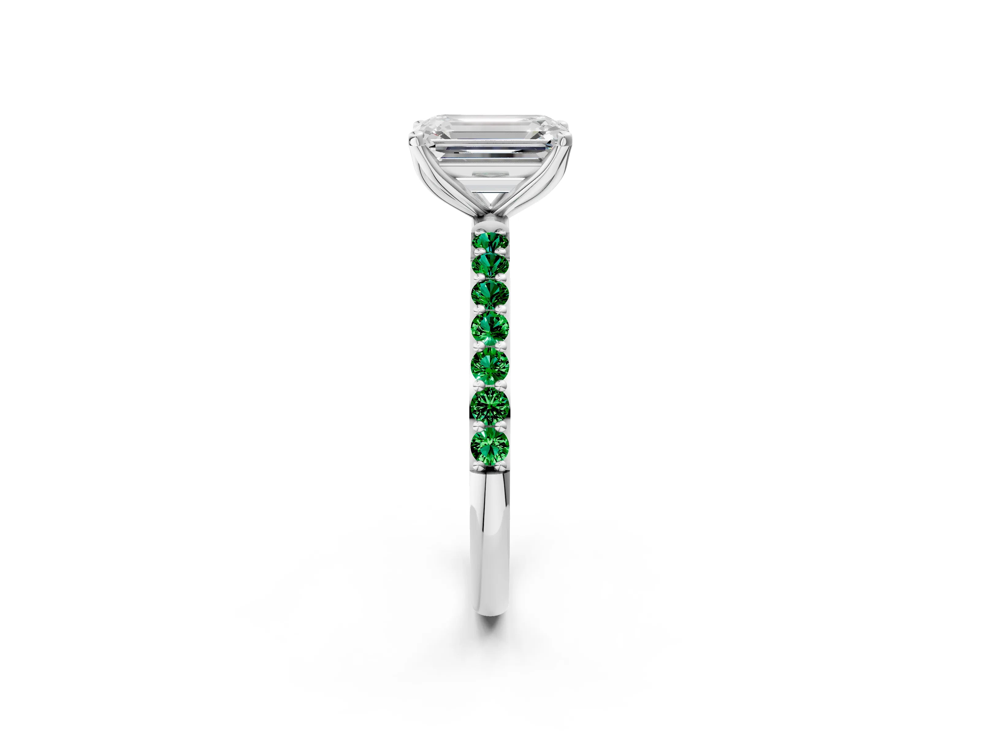 White gold Emerald Cut Diamond Solitaire Engagement Ring with Round with Emerald side stone Pavé Band and Prong Setting_26