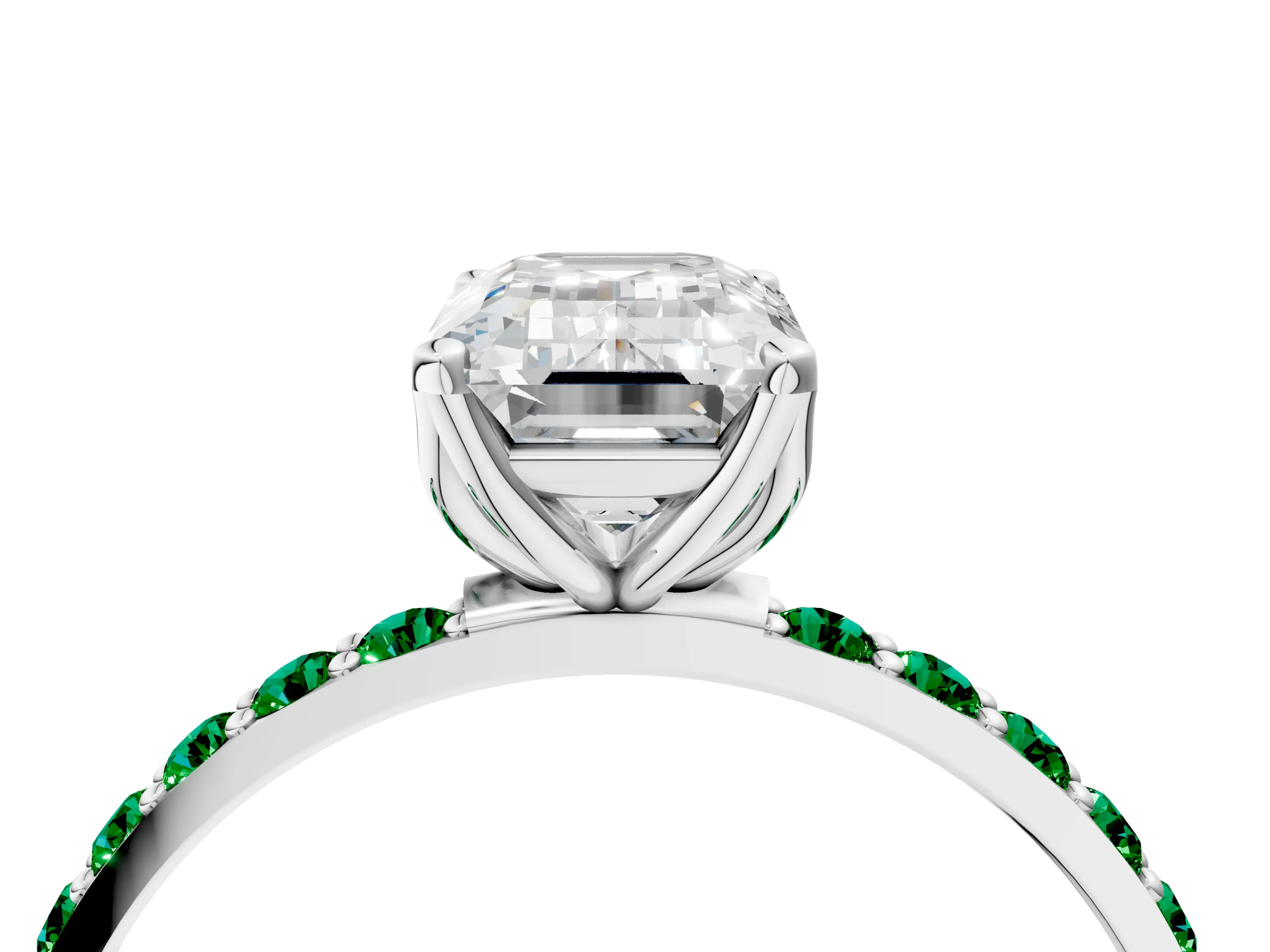 White gold Emerald Cut Diamond Solitaire Engagement Ring with Round with Emerald side stone Pavé Band and Prong Setting_28