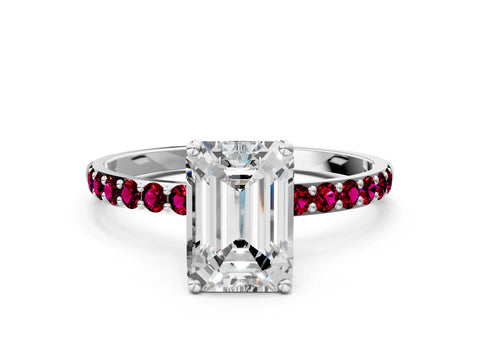 White gold Emerald Cut Diamond Solitaire Engagement Ring with Round with Garnet side stone Pavé Band and Prong Setting_12