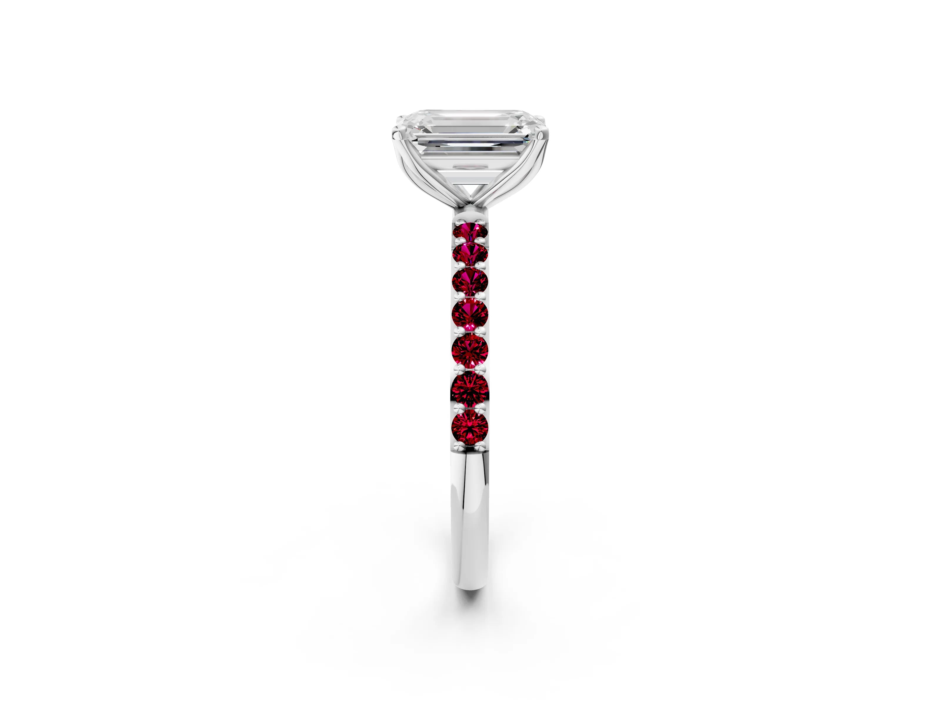 White gold Emerald Cut Diamond Solitaire Engagement Ring with Round with Garnet side stone Pavé Band and Prong Setting_14