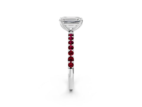 White gold Emerald Cut Diamond Solitaire Engagement Ring with Round with Garnet side stone Pavé Band and Prong Setting_14