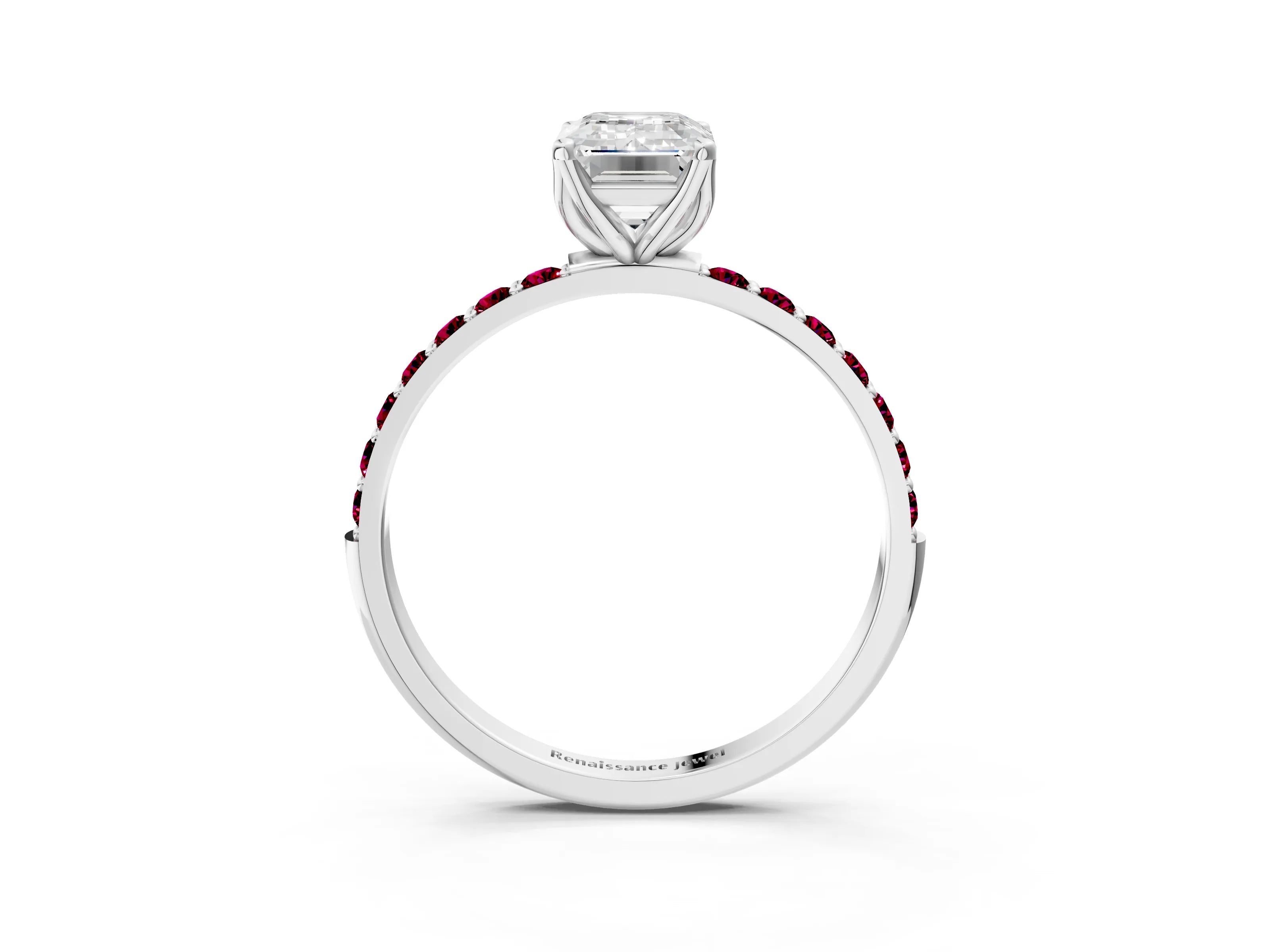 White gold Emerald Cut Diamond Solitaire Engagement Ring with Round with Garnet side stone Pavé Band and Prong Setting_15