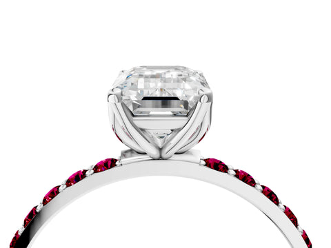 White gold Emerald Cut Diamond Solitaire Engagement Ring with Round with Garnet side stone Pavé Band and Prong Setting_16