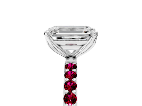 White gold Emerald Cut Diamond Solitaire Engagement Ring with Round with Garnet side stone Pavé Band and Prong Setting_17